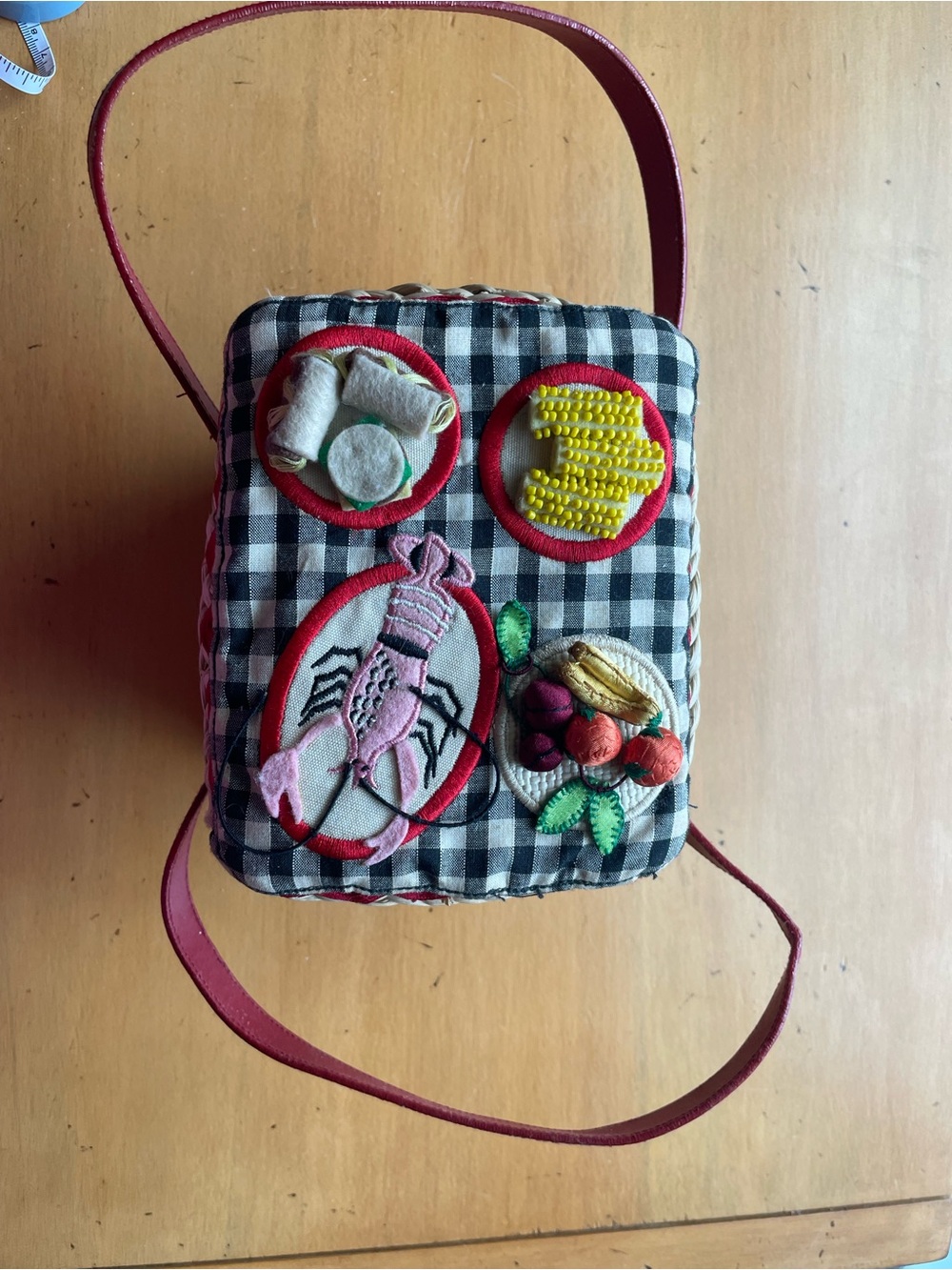 Lulu Guinness Red and White Gingham Lined Bag with beaded embroidered lid